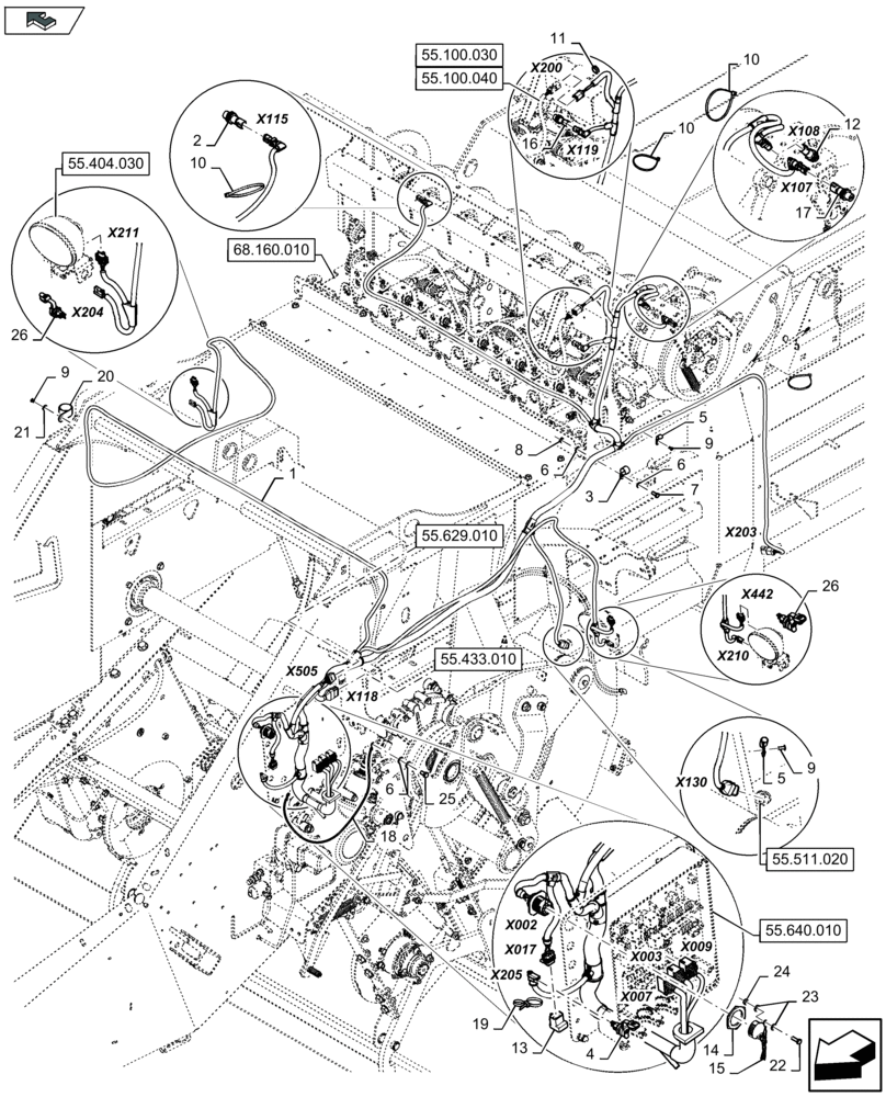 Схема запчастей Case IH LB424S - (55.418.040) - ELECTRICITY BALE CONTROL, CABLE KNOTTER - C136 (55) - ELECTRICAL SYSTEMS