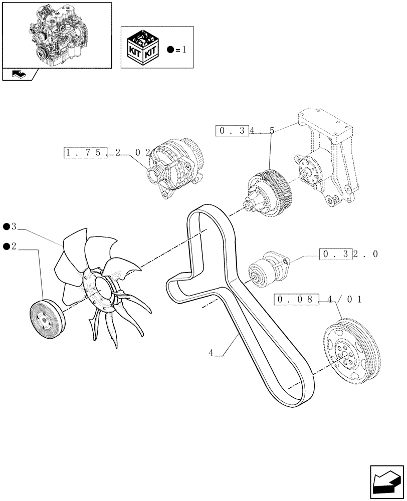 Схема запчастей Case IH MAXXUM 130 - (0.34.7/01) - ENGINE FAN AND BELT (STD + VAR.330003-332115) (01) - ENGINE