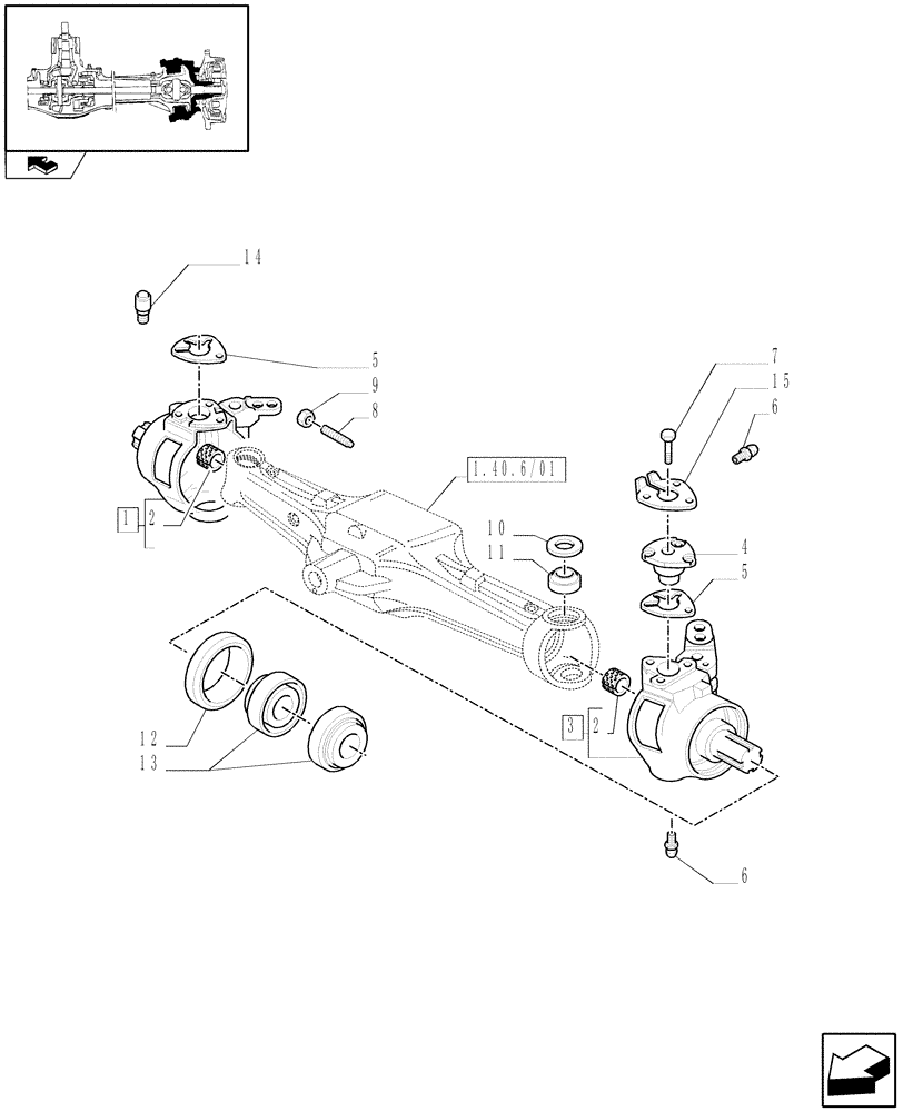 Схема запчастей Case IH FARMALL 85C - (1.40.6/02) - FRONT AXLE WITH ELECTROHYDR. DIFF. LOCK WITH FRONT BRAKE (40 KM/H) - STEERING KNUCKLE (VAR.331329-332329-335329) (04) - FRONT AXLE & STEERING