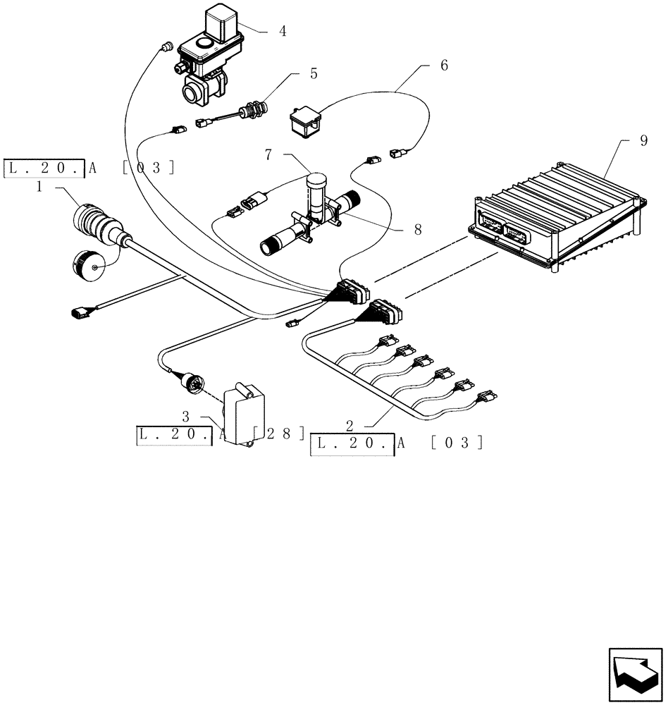 Схема запчастей Case IH SRX100 - (L.20.A[05]) - ELECTRICAL - 4 LINE MONITOR, SPRAYER HARNESSESS LAYOUT L - Field Processing