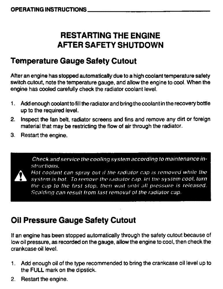Схема запчастей Case IH 6590T - (015) - OPERATING INSTRUCTIONS, RESTARTING THE ENG. AFTER SAFETY SHUTDOWN, OIL PRESSURE GAUGE SAFETY CUTOUT 