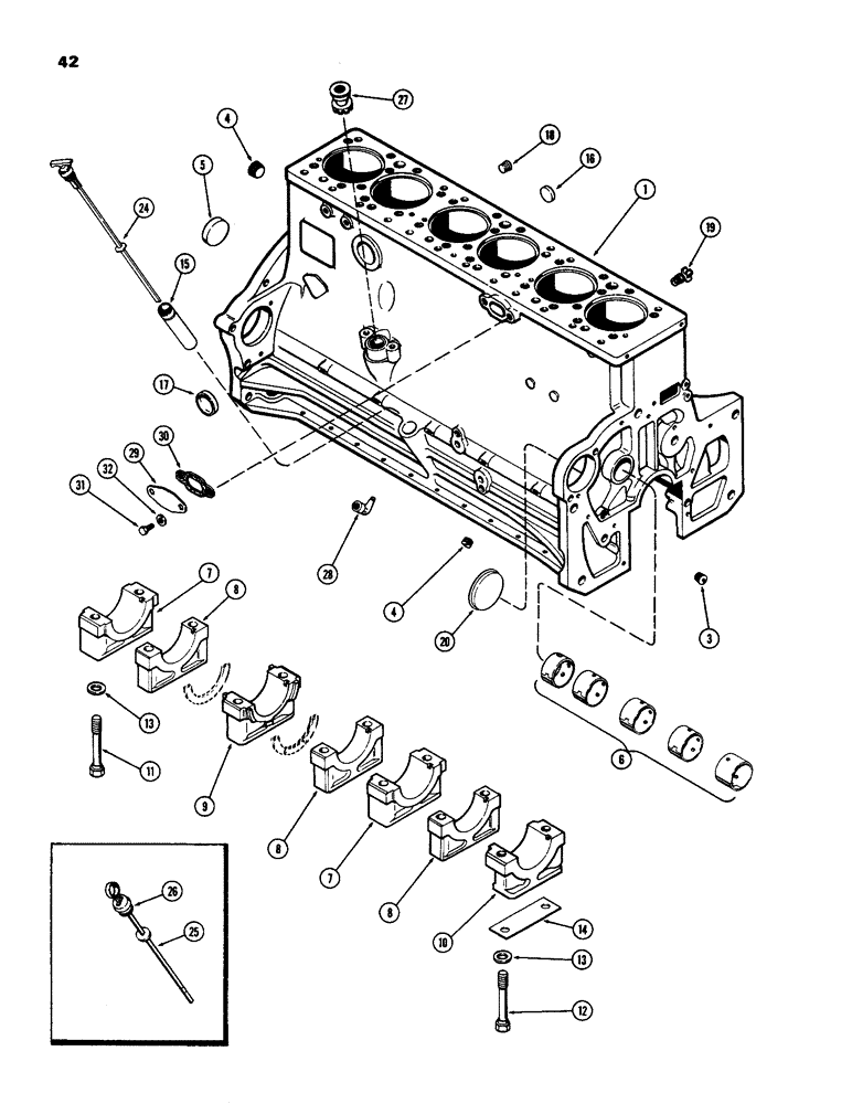 Схема запчастей Case IH 970 - (042) - CYLINDER BLOCK ASSEMBLY, (401B) DIESEL ENGINE, FIRST USED ENGINE SERIAL NUMBER 2556833 (02) - ENGINE