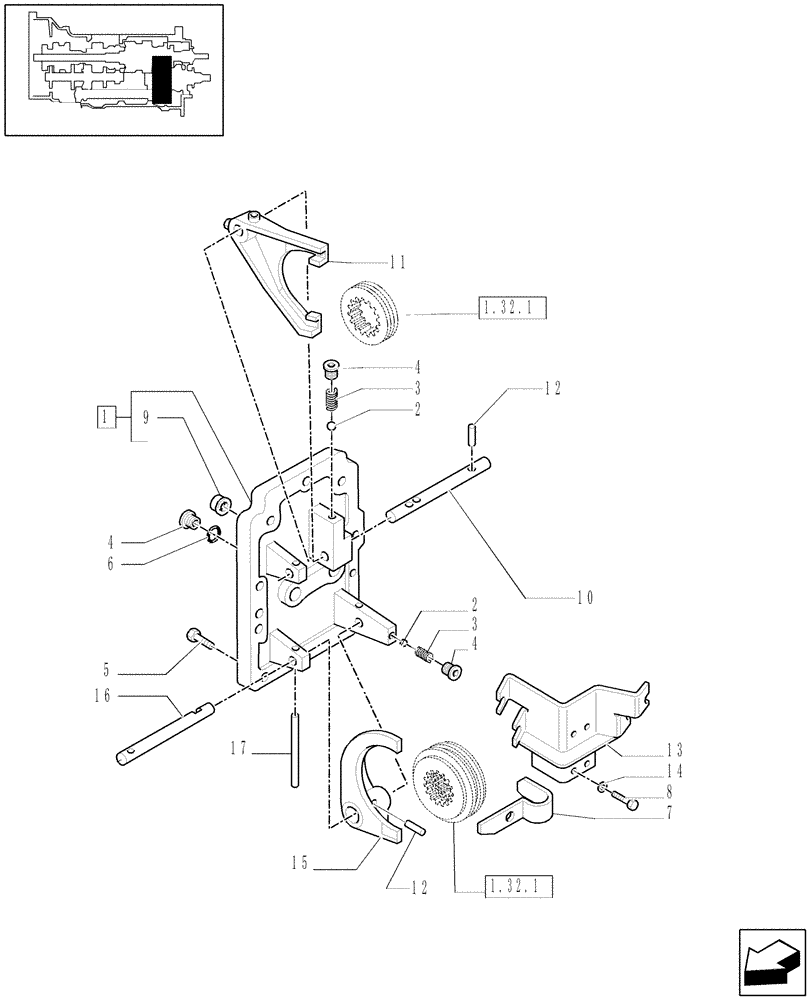 Схема запчастей Case IH MAXXUM 100 - (1.32.2[01]) - TRANSMISSION 12X12 - RANGE GEARSHIFT MECHANISM - COVER, RODS AND FORKS (03) - TRANSMISSION