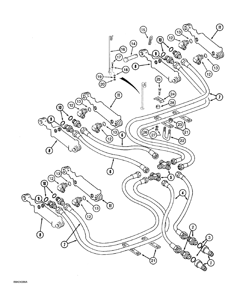 Схема запчастей Case IH 7100 - (8-14) - LIFT HYDRAULIC SYSTEM, THREE DRILL COMBINATION, USES SINGLE HOSES FROM CROSS TO OUTSIDE CYLINDER (08) - HYDRAULICS