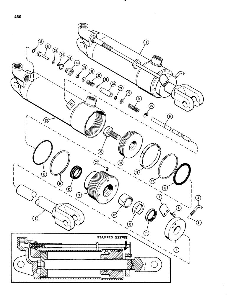 Схема запчастей Case IH 1070 - (0460) - G33769 REMOTE HYDRAULIC CYLINDER, 4 INCH BORE X 8 INCH STROKE GLAND WITH CENTER BEARING (08) - HYDRAULICS