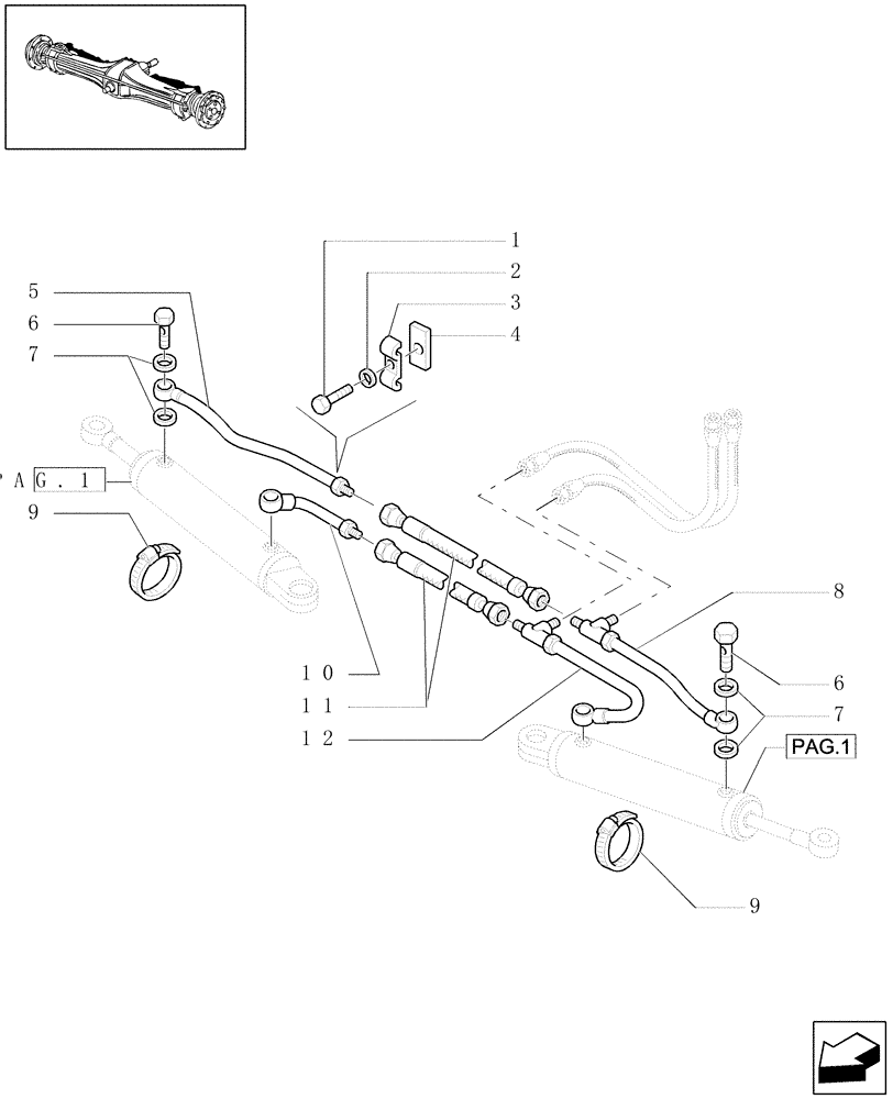 Схема запчастей Case IH MXU115 - (1.40.0/12[02]) - 4WD CL.2 FRONT AXLE - HYDRAULIC STEERING CYLINDER - PIPES (04) - FRONT AXLE & STEERING