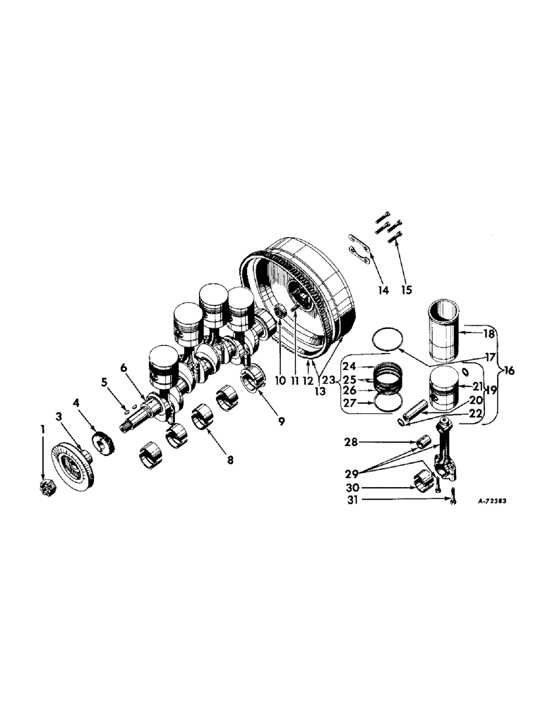 Схема запчастей Case IH B414 - (026) - DIESEL ENGINE, CRANKSHAFT, FLYWHEEL, CONNECTING RODS AND PISTON (01) - ENGINE