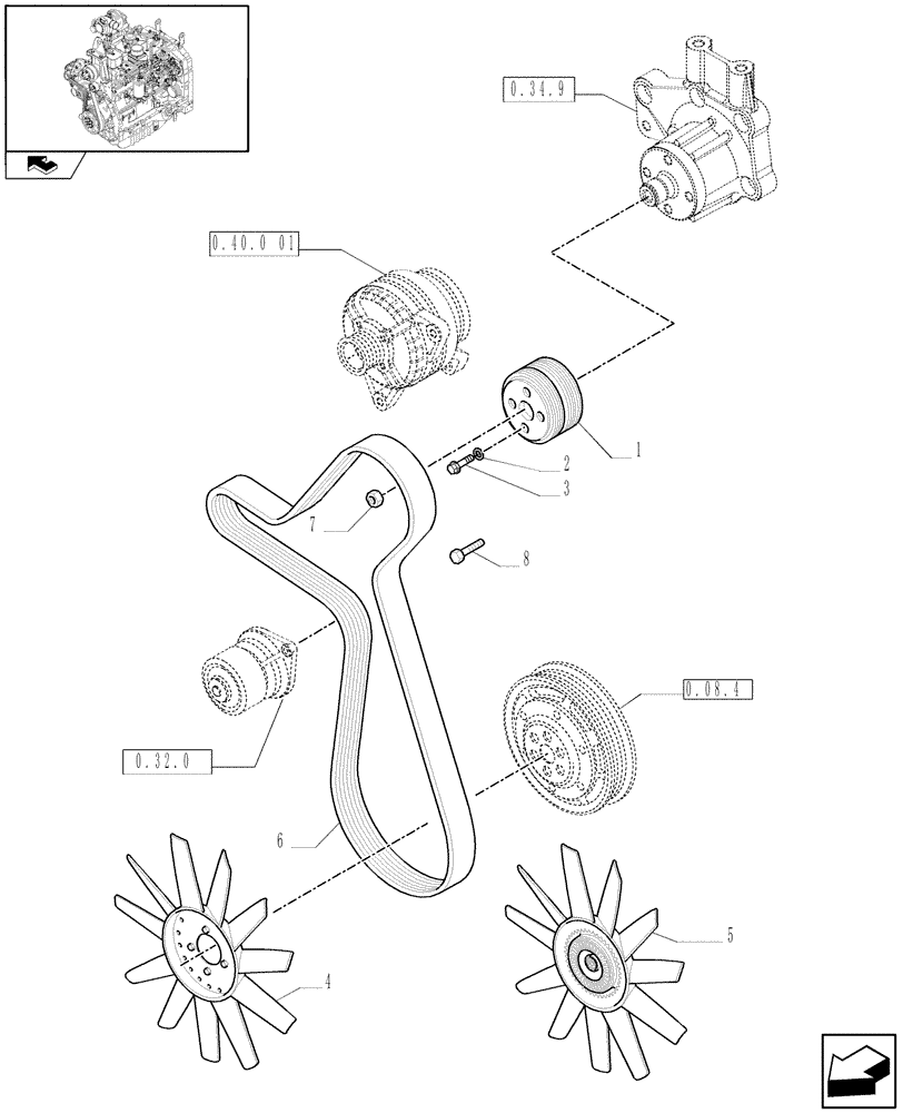 Схема запчастей Case IH FARMALL 60 - (0.34.7[01]) - PULLEY, FAN AND BELT - C6399 (01) - ENGINE