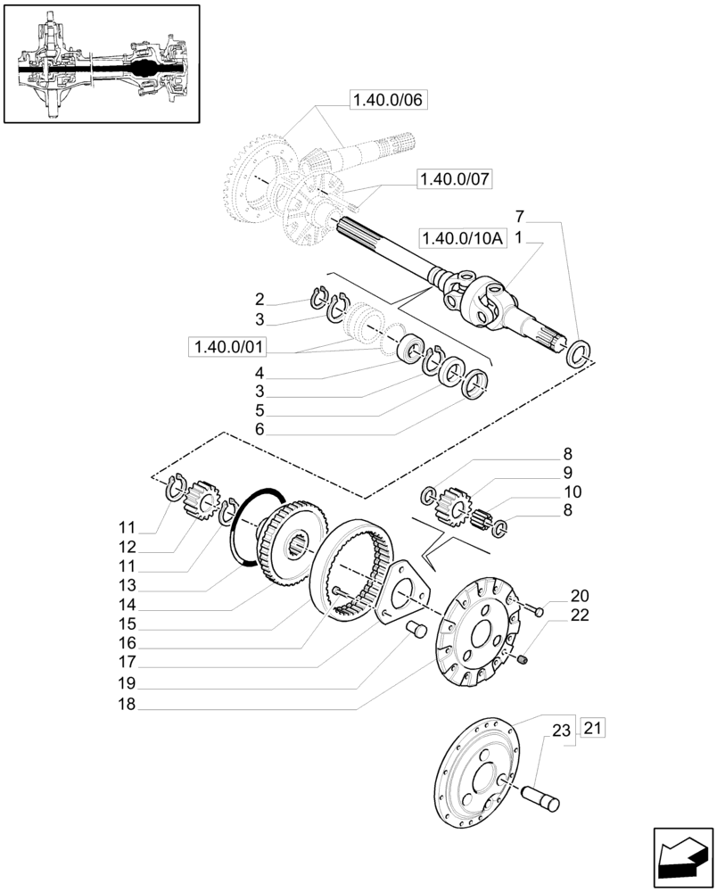 Схема запчастей Case IH MXM130 - (1.40.0/10[01]) - 4WD FRONT AXLE - DIFFERENTIAL GEARS AND DIFFERENTIAL SHAFT (04) - FRONT AXLE & STEERING