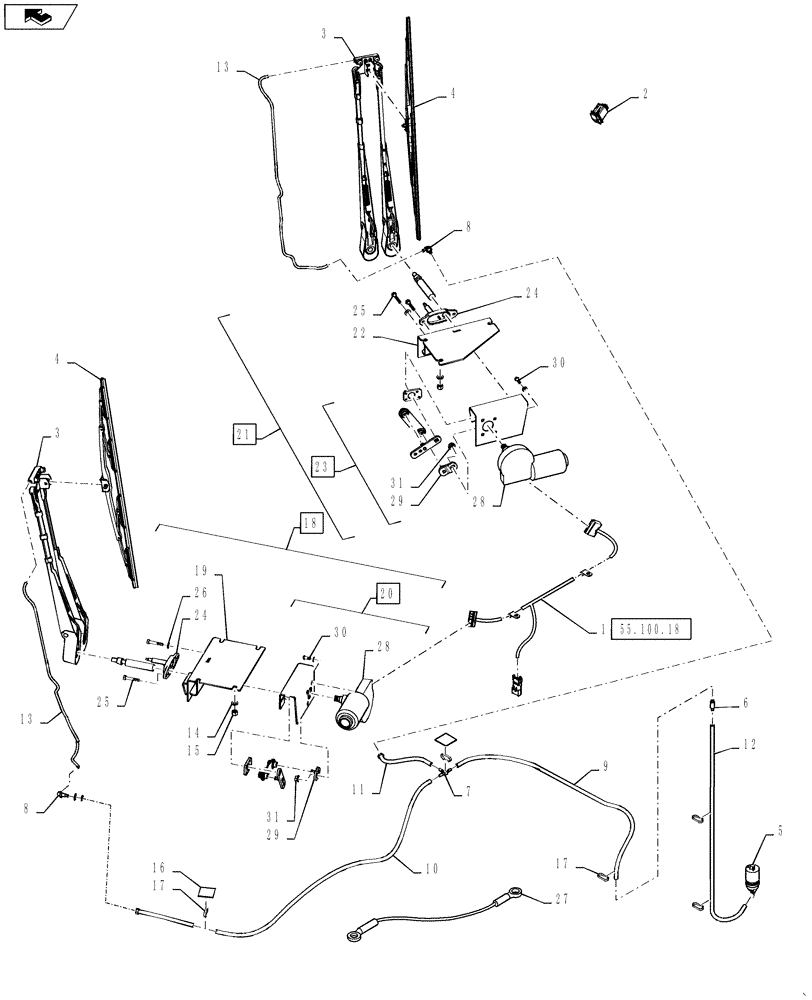 Схема запчастей Case IH QUADTRAC 550 - (55.518.04) - WIPERS - LOWER FRONT & PLUMBING, LUXURY CAB - QUADTRAC - BSN ZBF12564 (55) - ELECTRICAL SYSTEMS