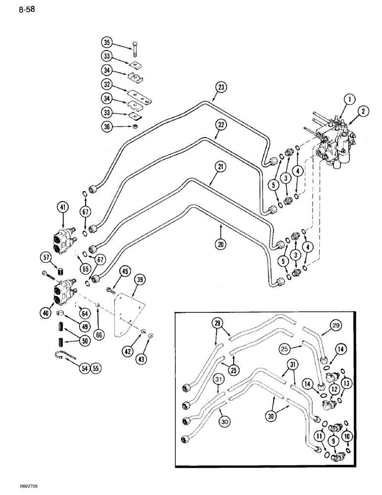 Схема запчастей Case IH 7110 - (8-58) - FIRST AND SECOND CIRCUIT REMOTE HYDRAULICS, TRANSMISSION SERIAL NUMBER AJB0018756 THROUGH AJB0060499 (08) - HYDRAULICS