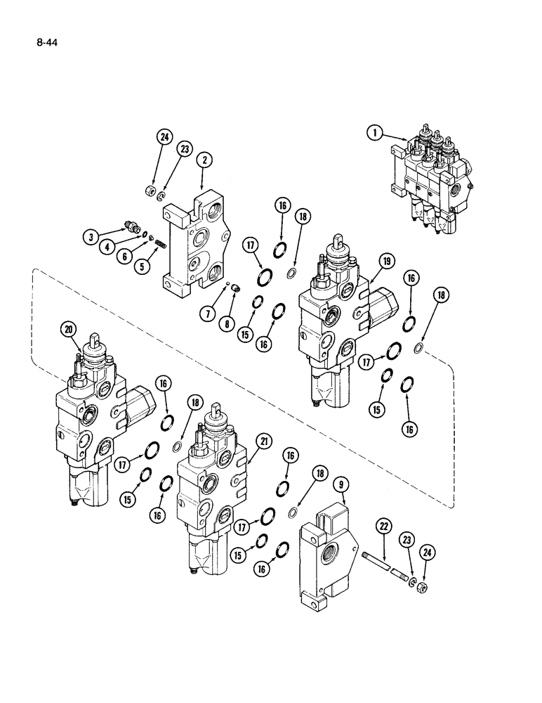 Схема запчастей Case IH 3394 - (8-44) - REMOTE HYDRAULIC VALVE, THREE SECTION, WITH LOAD CHECK ON FIRST AND SECOND SECTIONS (08) - HYDRAULICS