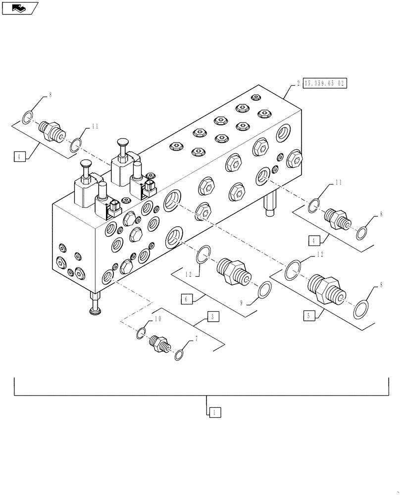 Схема запчастей Case IH 810 - (35.359.05[01]) - VALVE WITH FITTINGS, DOUBLE BIN WITHOUT AUGERS (35) - HYDRAULIC SYSTEMS