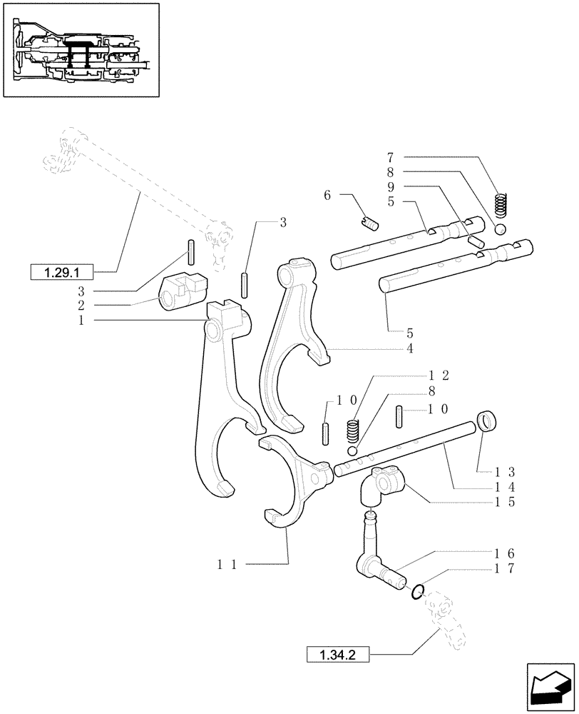 Схема запчастей Case IH JX1090U - (1.29.0) - TRANSMISSION INTERNAL SHIFTING CONTROLS - RODS, FORKS (03) - TRANSMISSION