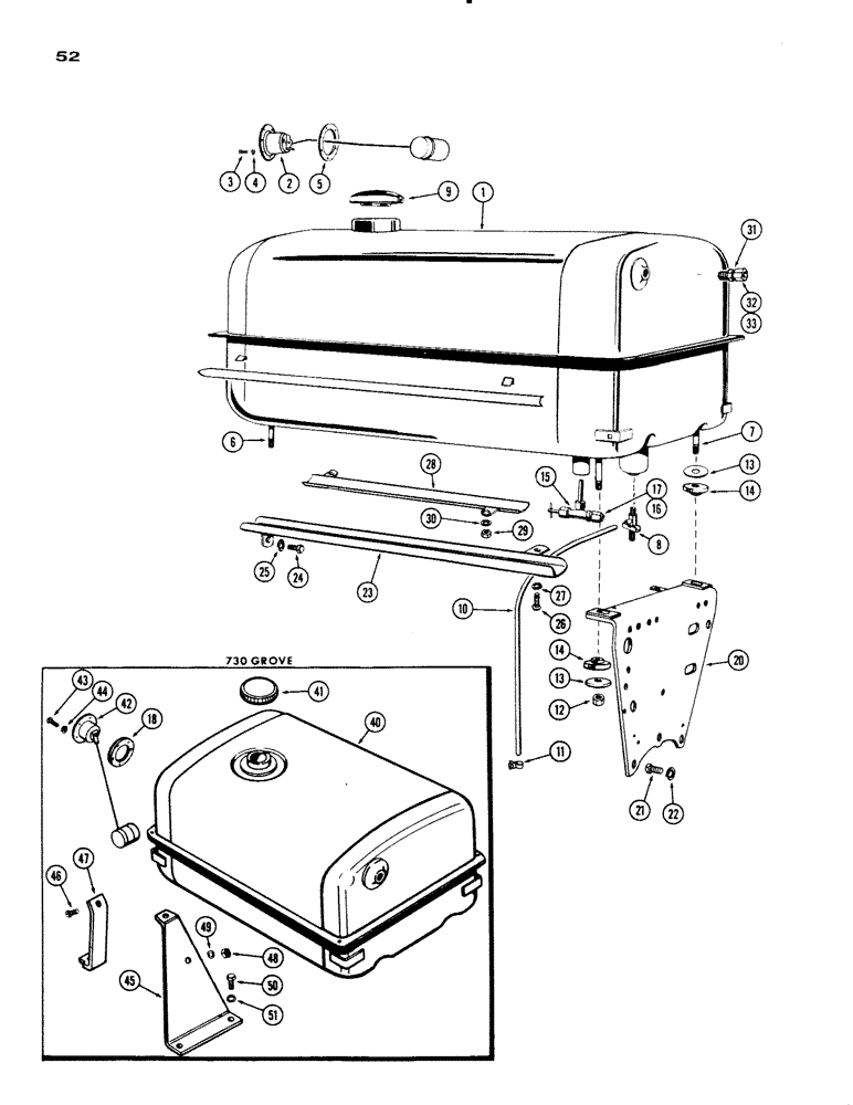 Схема запчастей Case IH 730 SERIES - (052) - FUEL TANK, 267 AND 301 DIESEL ENGINES, 1ST USED TRAC. S/N 8201146, AND FUEL TANK, 267 DIESEL GROVE (03) - FUEL SYSTEM