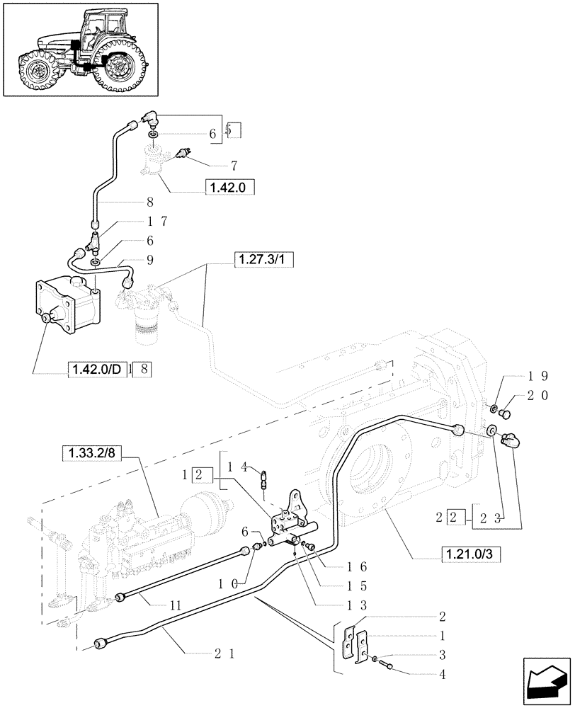 Схема запчастей Case IH JX1080U - (1.33.2/08[01]) - (VAR.275-279) POWER SHUTTLE - HI-LO - 30-40 KMH - HYDR. PTO - PIPES & VALVE SUPPORT (04) - FRONT AXLE & STEERING