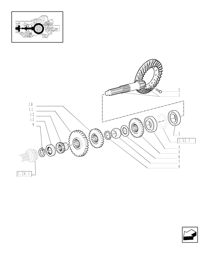 Схема запчастей Case IH JX80 - (1.32.1/06[01]) - CENTRAL REDUCER GEARING - BEVEL GEAR PAIR - FOR HIGH CLEARANCE VERSION (03) - TRANSMISSION