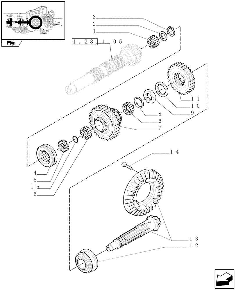 Схема запчастей Case IH FARMALL 95N - (1.32.1[01]) - CENTRAL REDUCTION GEARS AND BEVEL GEAR PAIR (03) - TRANSMISSION