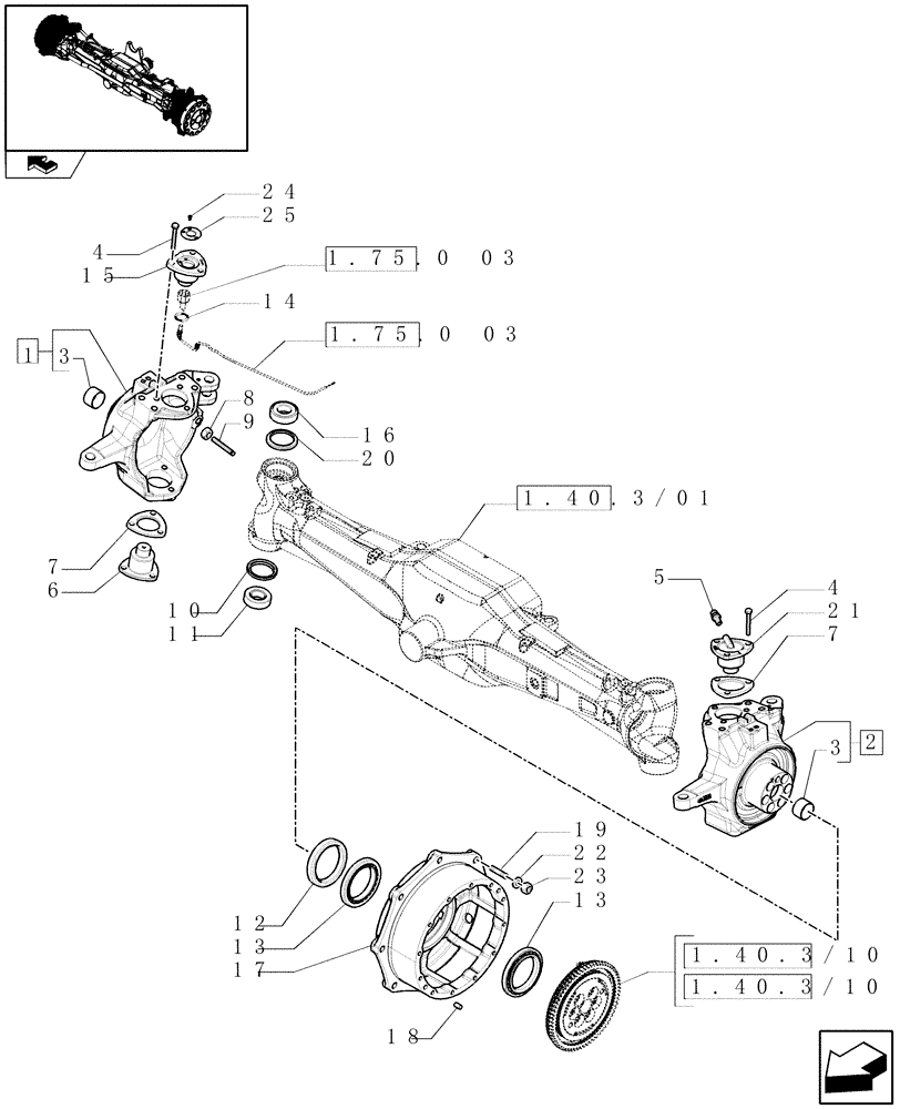 Схема запчастей Case IH PUMA 195 - (1.40.3/02) - (VAR.212) FRONT AXLE WITH ACTIVE SUSPENSIONS AND BRAKES - STEERING PIVOT PINS (04) - FRONT AXLE & STEERING