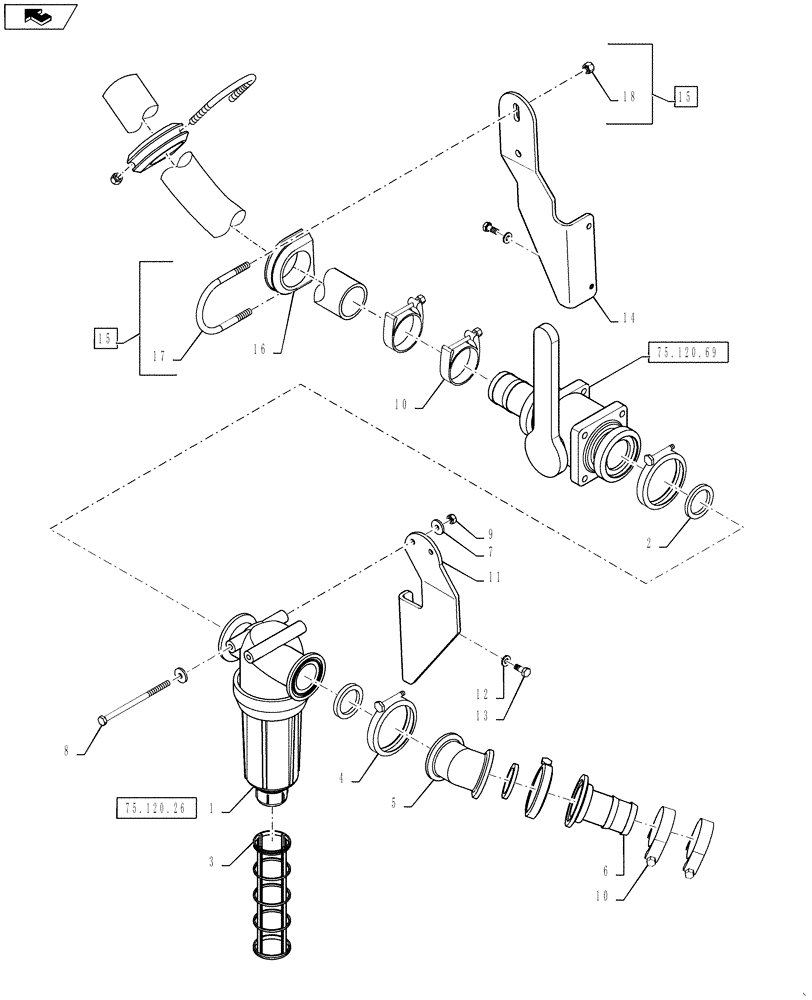 Схема запчастей Case IH 3330 - (75.120.40[02]) - THROTTLE VALVE, STRAINER PLUMBING, STANDARD FLOW (75) - SOIL PREPARATION