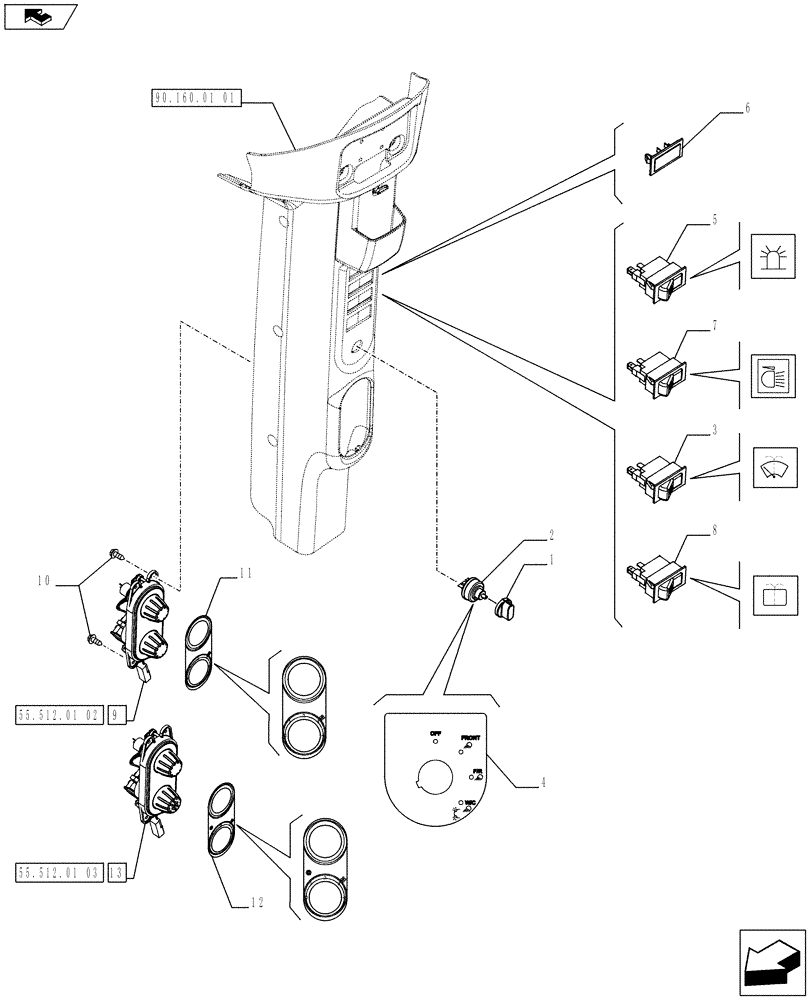 Схема запчастей Case IH FARMALL 65C - (55.512.01[01]) - CENTRAL RIGHT PILLAR - SWITCH AND RELATED PARTS - W/CAB (55) - ELECTRICAL SYSTEMS