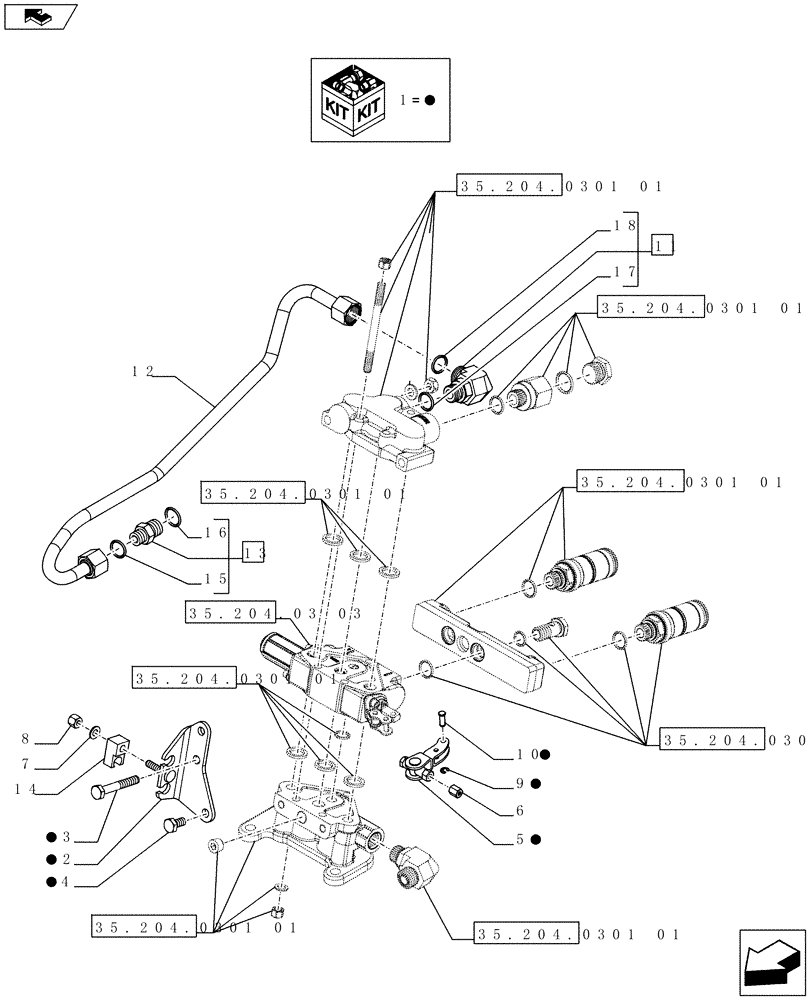 Схема запчастей Case IH FARMALL 65C - (35.204.0301[02]) - 1 REAR CONTROL VALVE WITH 2 DELUXE COUPLERS - SUPPORTS AND PIPES - END YR 09-MAY-2016 (35) - HYDRAULIC SYSTEMS