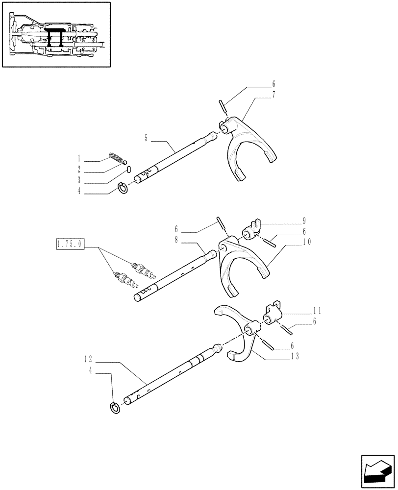 Схема запчастей Case IH JX1070N - (1.29.0) - TRANSMISSION INTERNAL SHIFTING CONTROLS (03) - TRANSMISSION