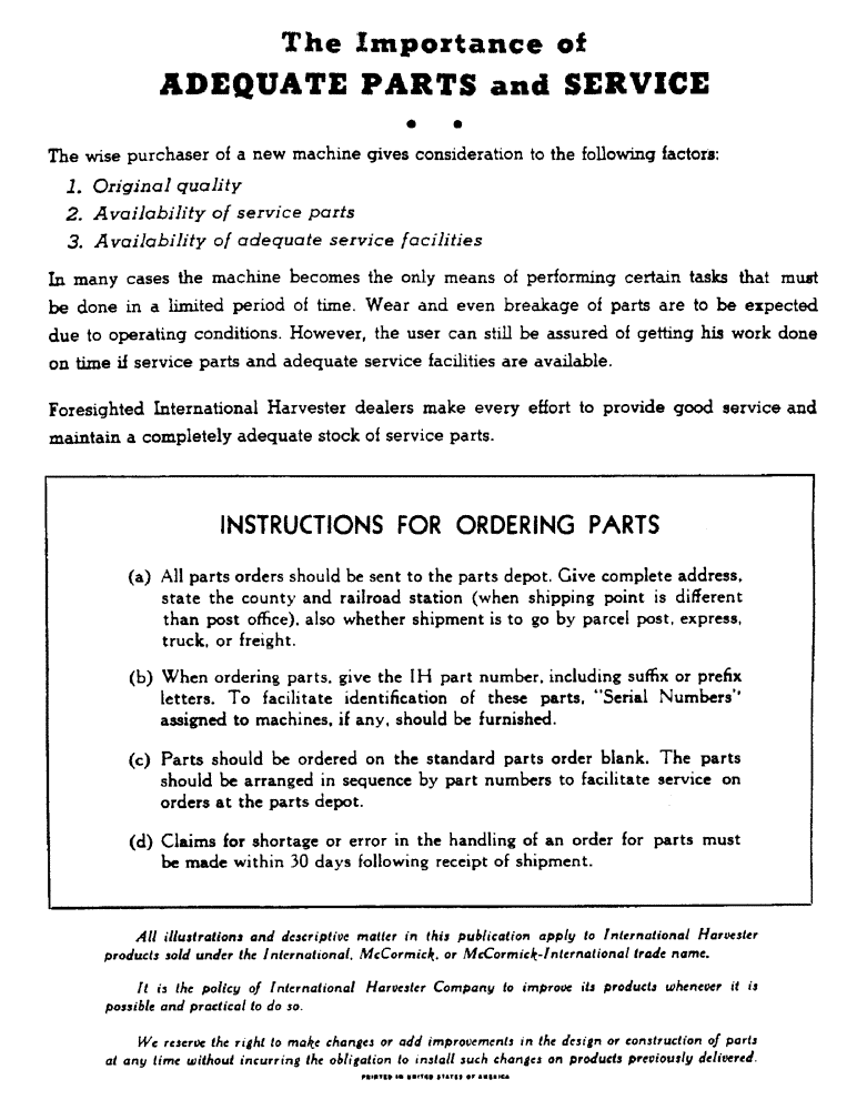 Схема запчастей Case IH 1000 - (2-A) - THE IMPORTANCE OF ADEQUATE PARTS AND SERVICE 