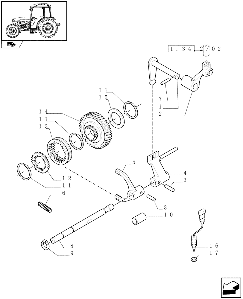 Схема запчастей Case IH FARMALL 85C - (1.28.1/04) - 44X16 FOR 32X16 HI-LO AND POWER SHUTTLE - ROD AND FORK (VAR.331111) (03) - TRANSMISSION