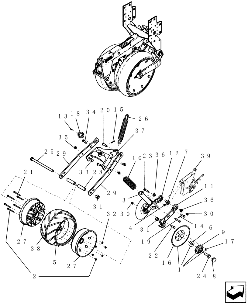 Схема запчастей Case IH 1200PT - (L.10.F[33]) - PRESS WHEEL & COVERING DISC, WITH RH LEADING DISC OPENER (LH SIDE OF PLANTER, BTW CBJ0001597 AND MARCH 2007) L - Field Processing