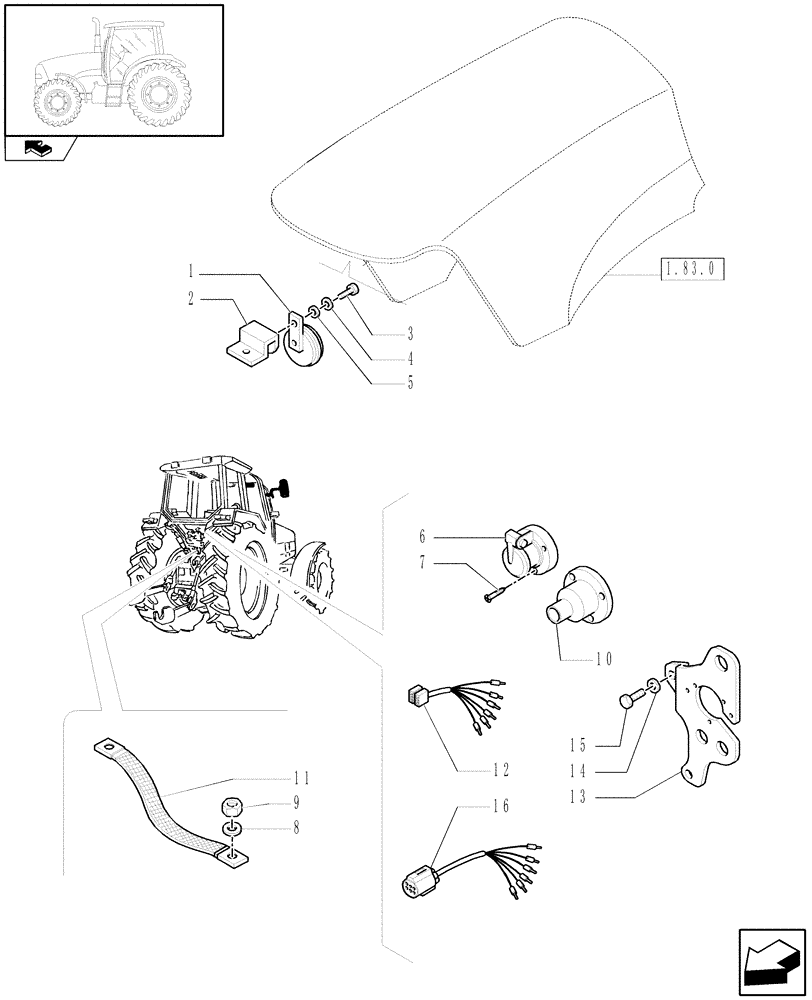 Схема запчастей Case IH PUMA 125 - (1.75.1) - ELECTRIC SYSTEM, HORN & HORN MOUNTING (06) - ELECTRICAL SYSTEMS