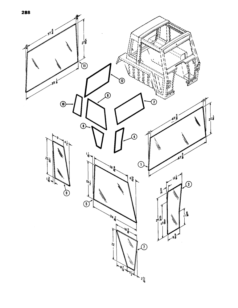 Схема запчастей Case IH 1170 - (288) - CAB, GLASS, HINSON (09) - CHASSIS/ATTACHMENTS