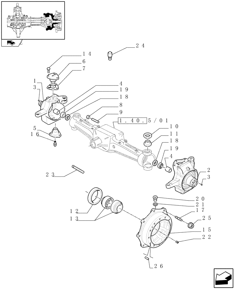 Схема запчастей Case IH PUMA 125 - (1.40. 5/02[01]) - (CL.4) SUSPENDED FRONT AXLE W/MULTI-PLATE DIFF. LOCK, ST. SENSOR AND BRAKES - KNUCKLES AND HUBS (VAR.330430) (04) - FRONT AXLE & STEERING