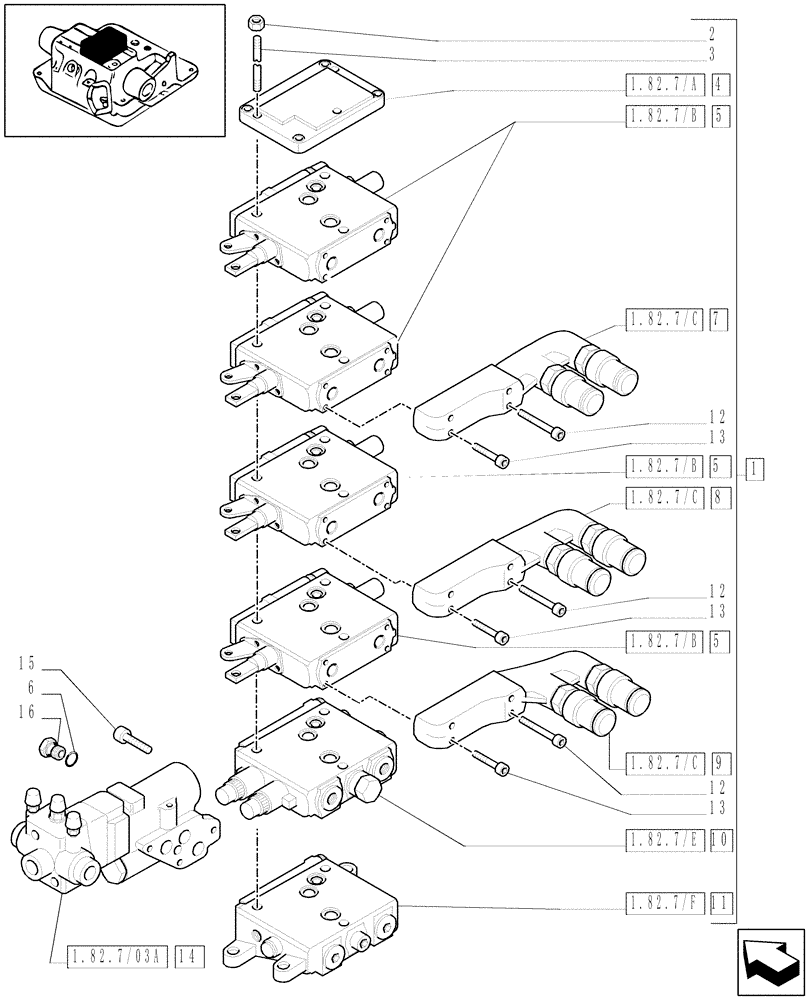 Схема запчастей Case IH MXU110 - (1.82.7/07[02]) - (VAR.256/1) 4 CCLS (EDC) CONTROL VALVES WITH TRAILER BRAKE VALVE AND ASSOCIATED PARTS (07) - HYDRAULIC SYSTEM