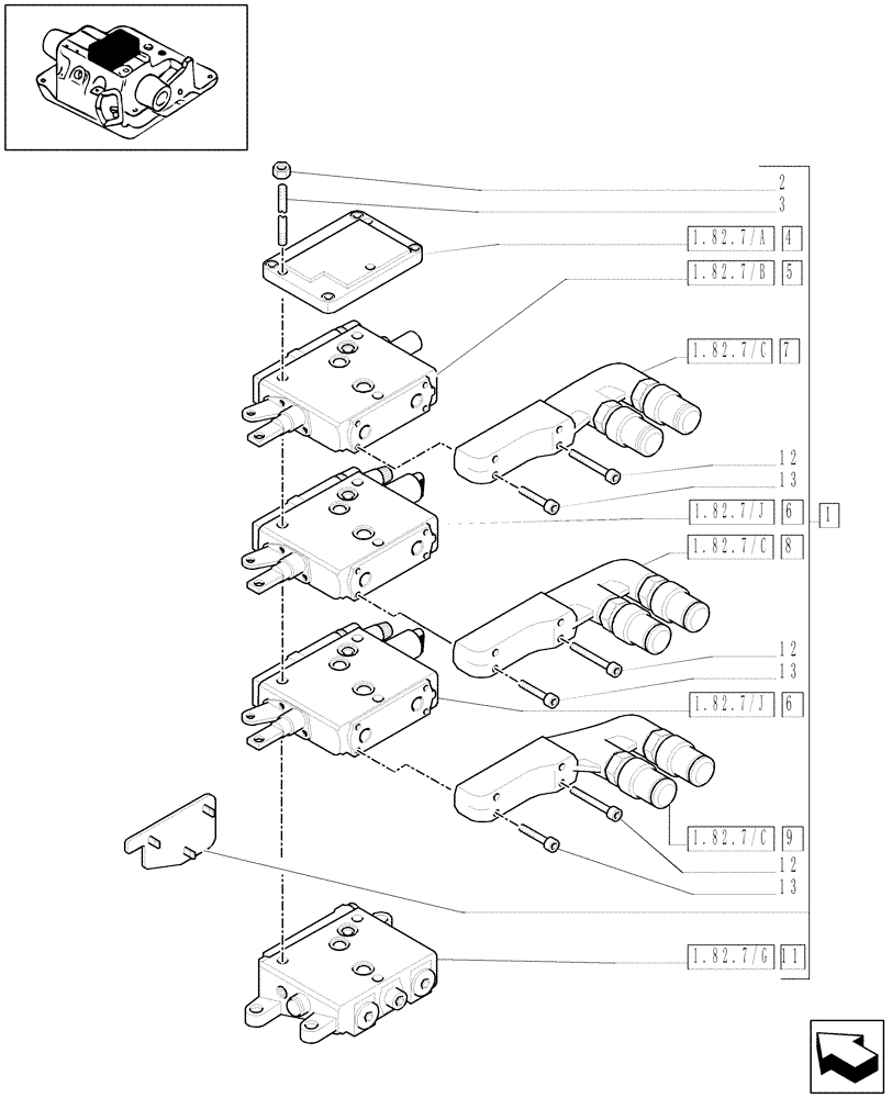 Схема запчастей Case IH MXU100 - (1.82.7/45[01]) - (VAR.011) 3 REMOTES(1NC+2CONFIG) FOR FIXED DISPLACEMENT PUMP FOR MDC AND RELEVANT PARTS (07) - HYDRAULIC SYSTEM