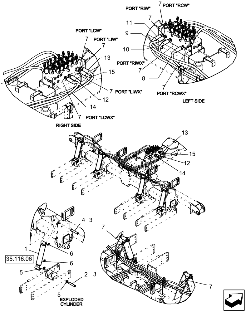 Схема запчастей Case IH 1250 - (35.100.03[01]) - HYDRAULICS - CENTER LIFT WHEELS HOSE ROUTING - 16 ROW BSN Y9S007001 (35) - HYDRAULIC SYSTEMS