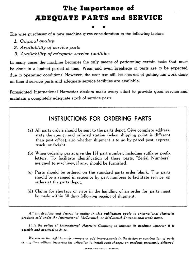 Схема запчастей Case IH 430 - (2) - THE IMPORTANCE OF ADEQUATE PARTS AND SERVICE 