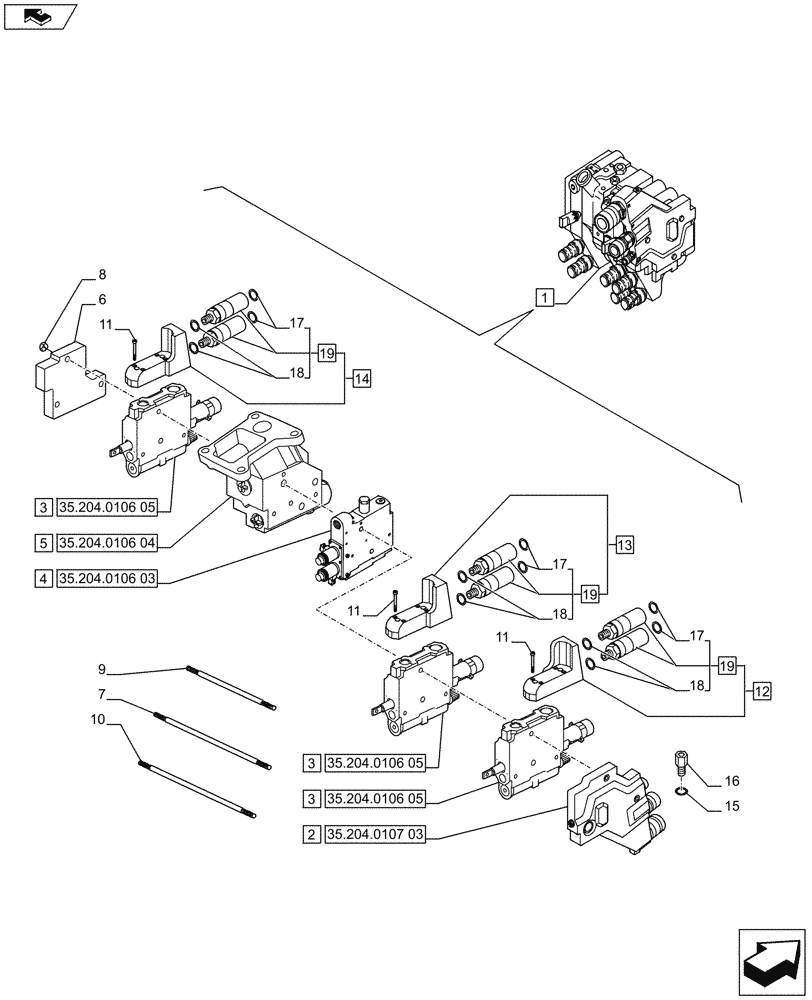 Схема запчастей Case IH PUMA 200 - (35.204.0107[02]) - 3 REMOTE CONTROL VALVES, MECHANICAL, W/ POWER BEYOND COUPLERS, COMPONENTS (VAR.720681) (35) - HYDRAULIC SYSTEMS