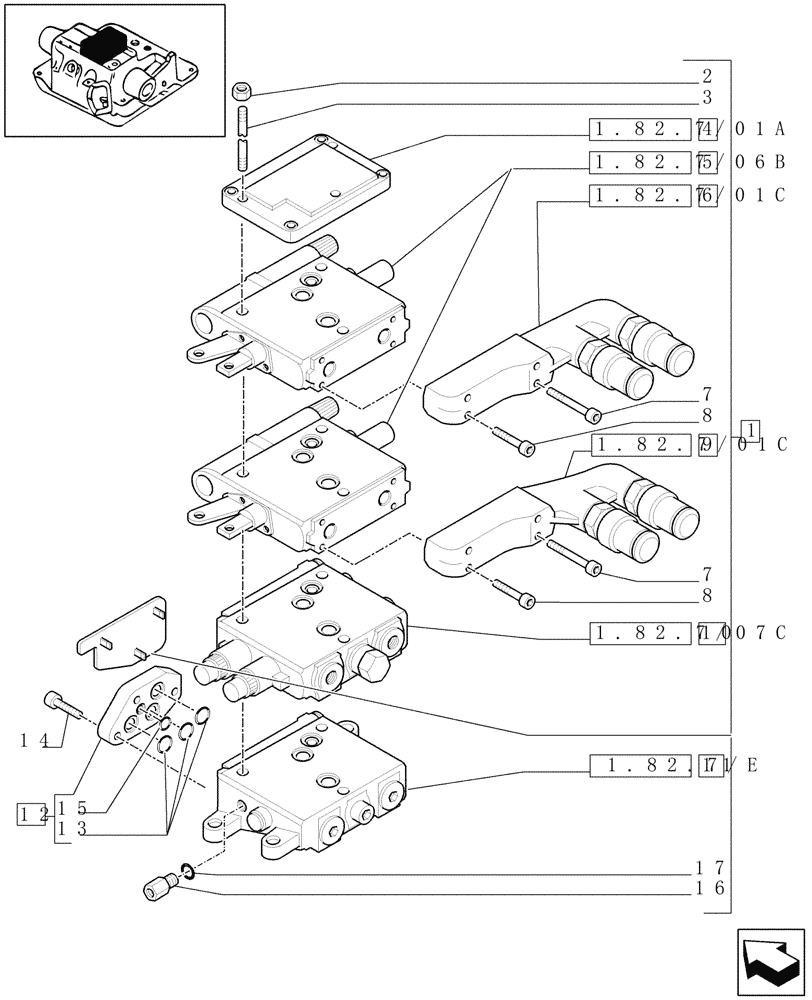 Схема запчастей Case IH MAXXUM 115 - (1.82.7/02[02]) - 2 REAR MECHANICAL CONTROL VALVES FOR CCLS PUMP (113 L/MIN) AND EDC (VAR.390841 / 743744) (07) - HYDRAULIC SYSTEM