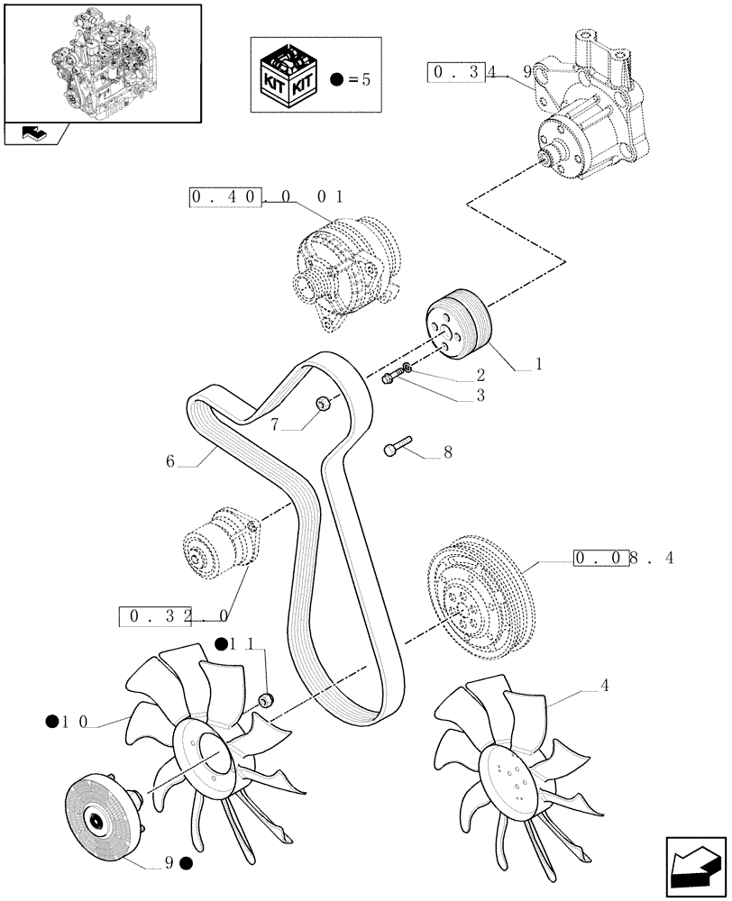 Схема запчастей Case IH FARMALL 80 - (0.34.7[01A]) - PULLEY, FAN AND BELT - D6399 (01) - ENGINE