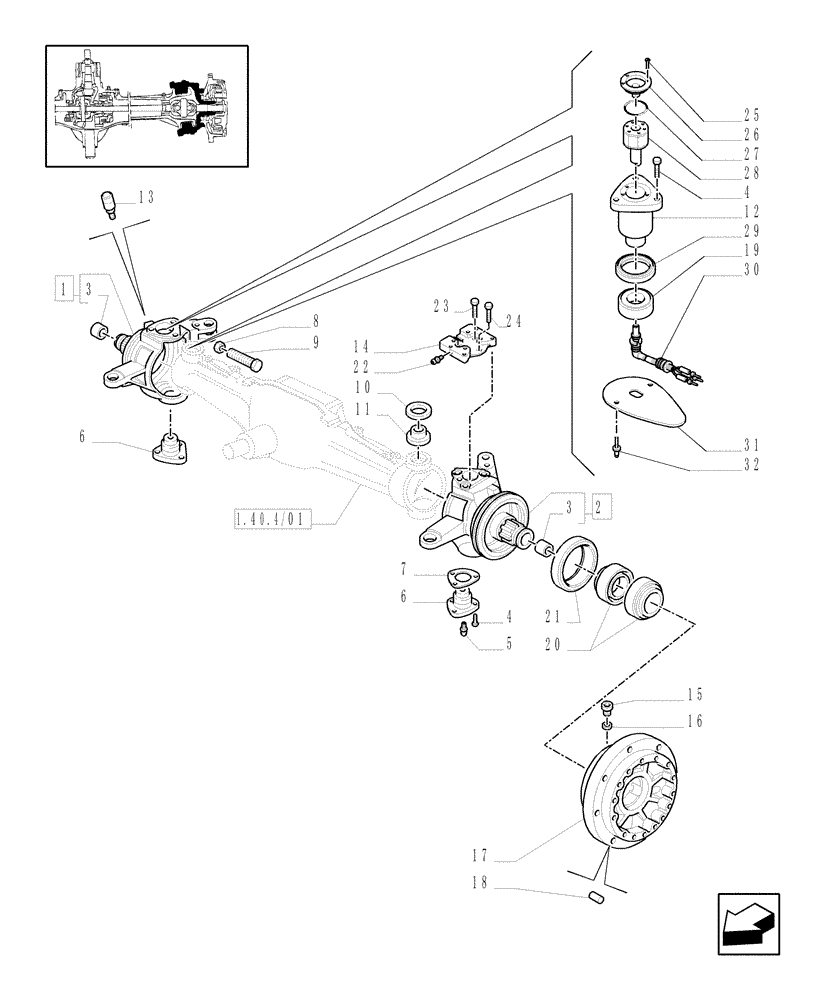 Схема запчастей Case IH MXU125 - (1.40.4/02[01A]) - (VAR.309/1-359/1) 4WD FRONT AXLE WITH BRAKES WITH TERRALOCK - STEERING PIVOT PINS AND HUBS - D5196 (04) - FRONT AXLE & STEERING