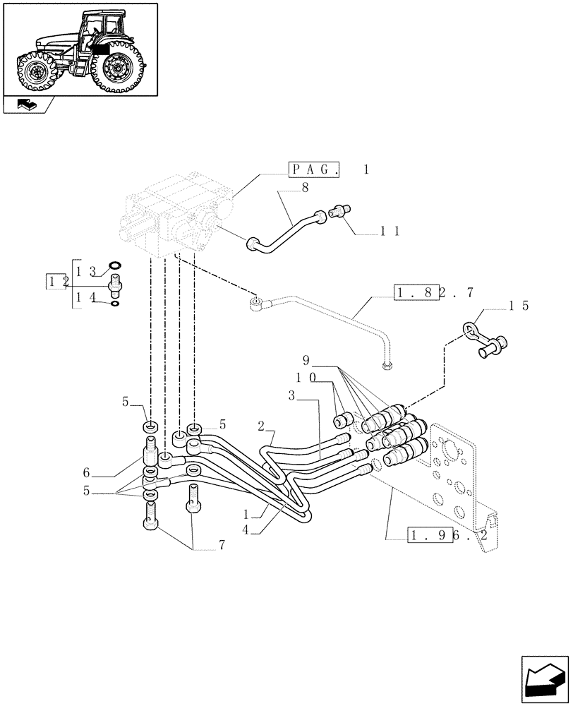 Схема запчастей Case IH FARMALL 85U - (1.82.7/02[02]) - 1 DOUBLE EFFECT AND 1 W/ FLOAT & AUTOM. CUTOUT DISTRIBUTORS - PIPES AND QUICK COUPLINGS (VAR.330356) (07) - HYDRAULIC SYSTEM