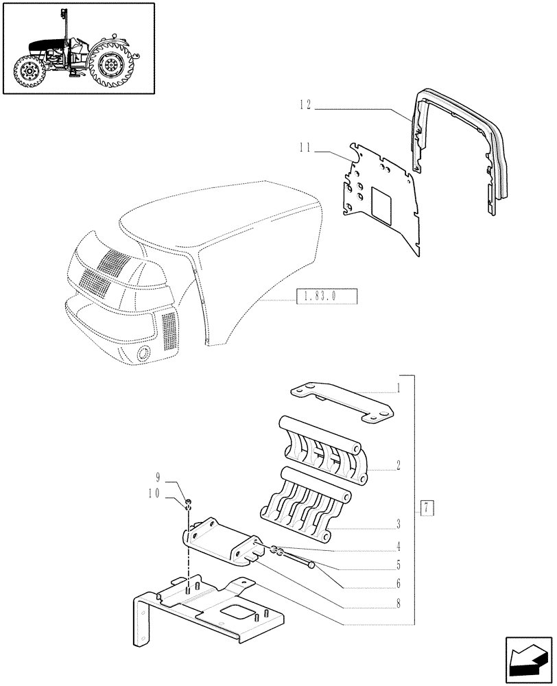 Схема запчастей Case IH JX1085C - (1.83.0/01) - (VAR.105) NOISE REDUCTION PACKAGE - HOODS (08) - SHEET METAL