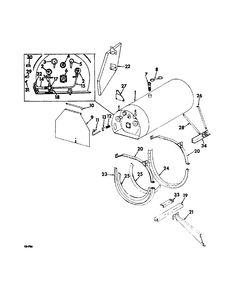 Схема запчастей Case IH 915 - (E-16) - FUEL SYSTEM, FUEL TANK, GAUGES, HOSE, LINES, VALVE AND SUPPORTS FOR LP GAS ENGINE (02) - FUEL SYSTEM