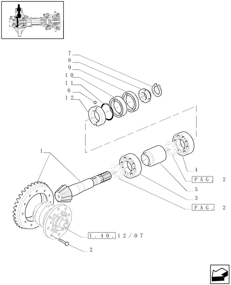 Схема запчастей Case IH JX95 - (1.40.12/06[01]) - (VAR.386) CLASS 2 FRONT AXLE WITH 2ND STEERING CYLYNDER & LIMITED SLIP (40KM/H) - BEVEL GEAR PINION SET (04) - FRONT AXLE & STEERING