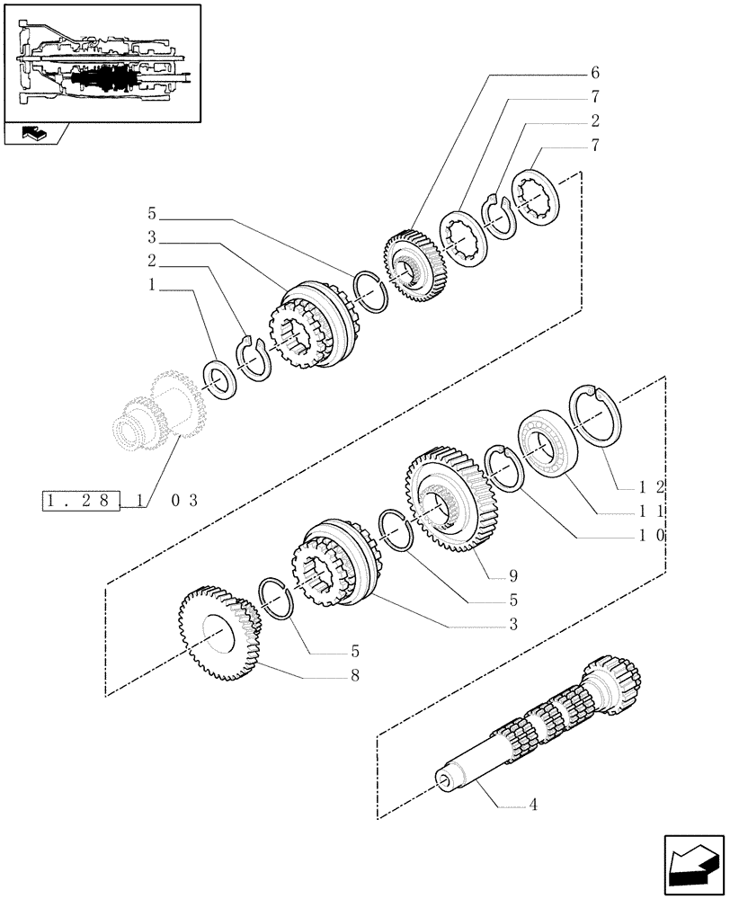 Схема запчастей Case IH FARMALL 105V - (1.28.1[05]) - 16X16 TRANSMISSION - DRIVEN GEAR SHAFT (03) - TRANSMISSION