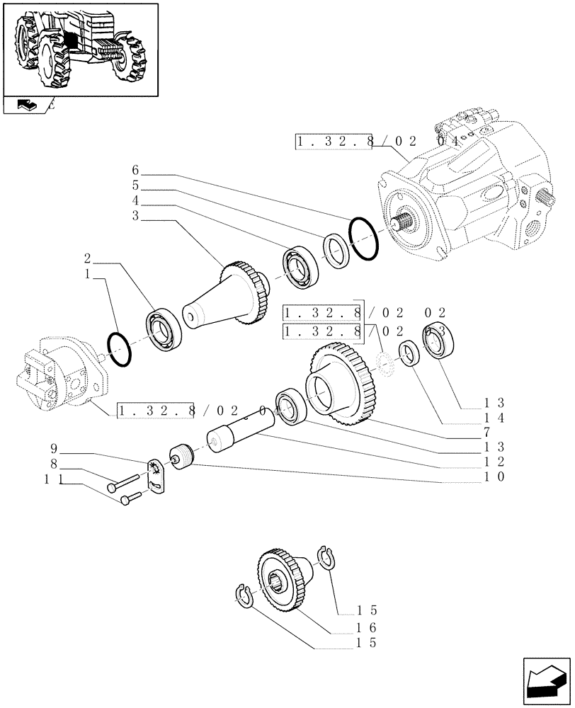 Схема запчастей Case IH PUMA 165 - (1.32.8/02[01]) - (VAR.004-481) 150 L/MIN PUMP W/EDC - IDLER GEARS (03) - TRANSMISSION