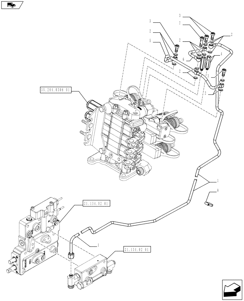 Схема запчастей Case IH FARMALL 65C - (35.204.0306[04]) - 3 REAR CONTROL VALVES WITH 8 COUPLERS AND DIVERTER - PIPES - ISO (VAR.339108 / 743750) - END YR 23-APR-2012 (35) - HYDRAULIC SYSTEMS