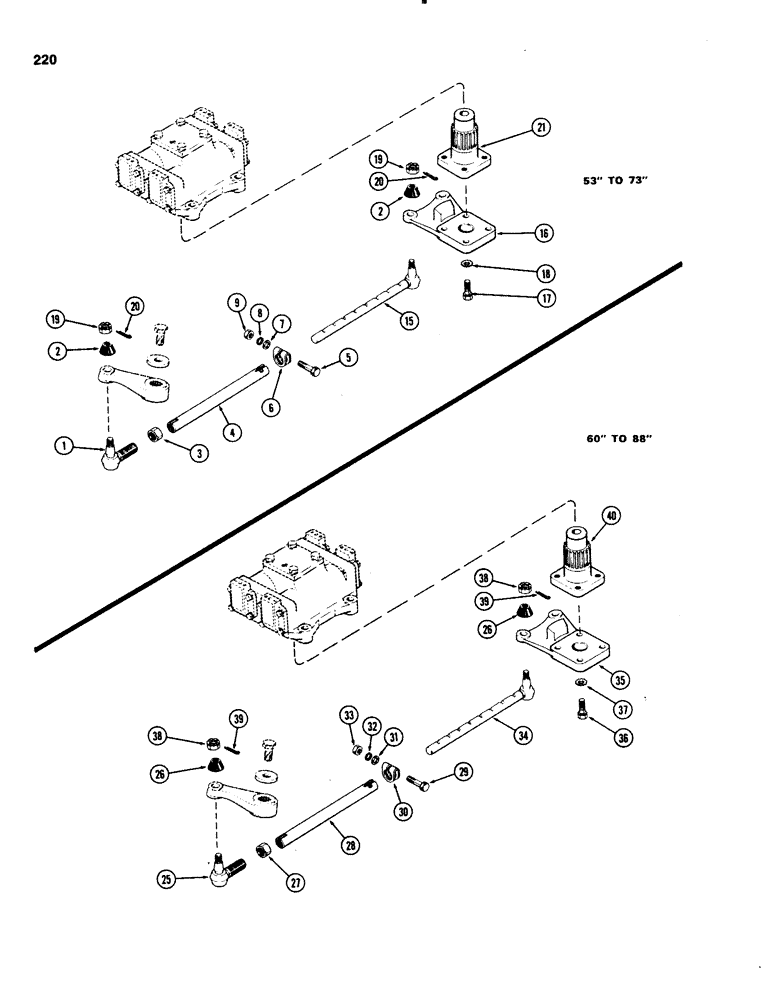 Схема запчастей Case IH 1070 - (0220) - FRONT AXLE TIE RODS, 53 INCH TO 73 INCH TREAD, USED PRIOR TO 8693001 (05) - STEERING
