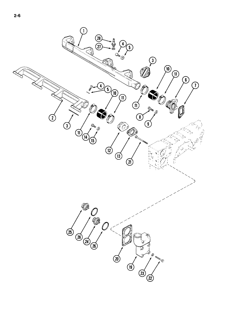 Схема запчастей Case IH 4994 - (2-06) - WATER MANIFOLD AND THERMOSTAT, 866 CUBIC INCH DIESEL ENGINE (02) - ENGINE